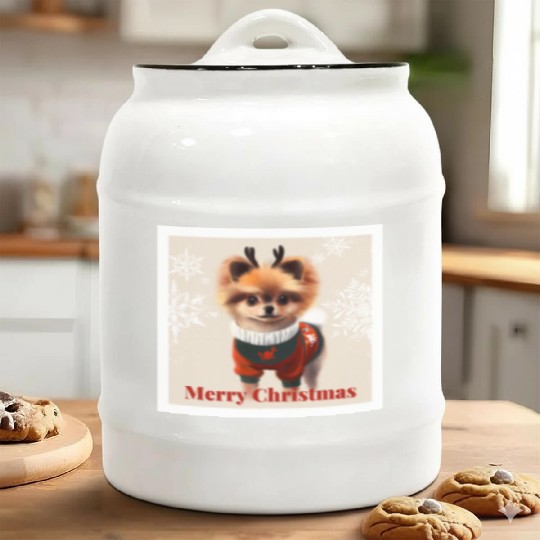 Sweet Miniature Spitz pomeranian in a Christmas. Ceramic Cookie Jars