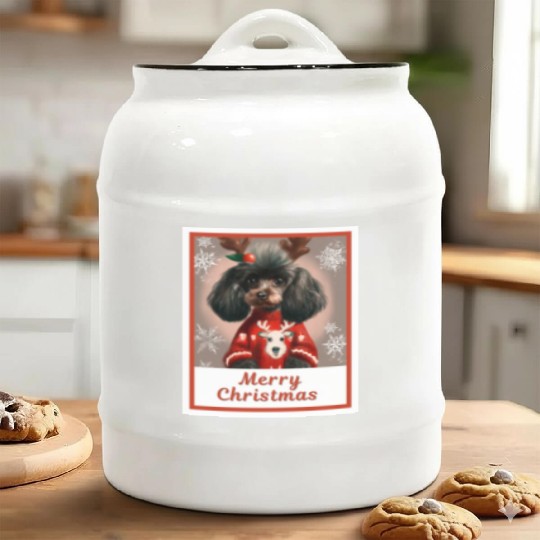 Cute doggy (black miniature poodle) in a festive Ceramic Cookie Jars