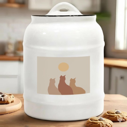 Abstract Boho Cats Relaxed Aesthetic Beige Minimal Ceramic Cookie Jars