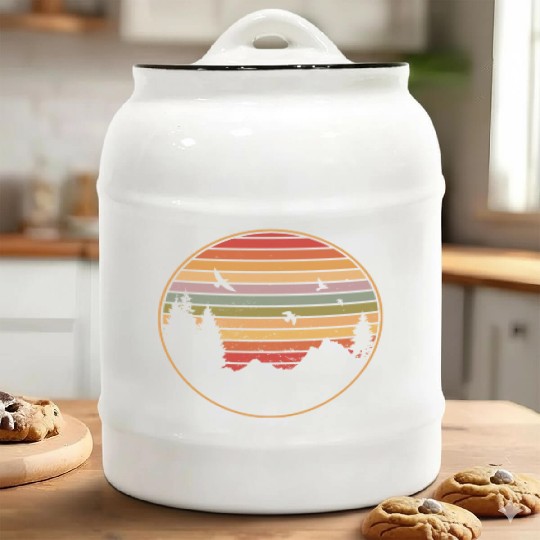RETRO FOREST WITH BIRDS IN THE SUNSET Ceramic Cookie Jars