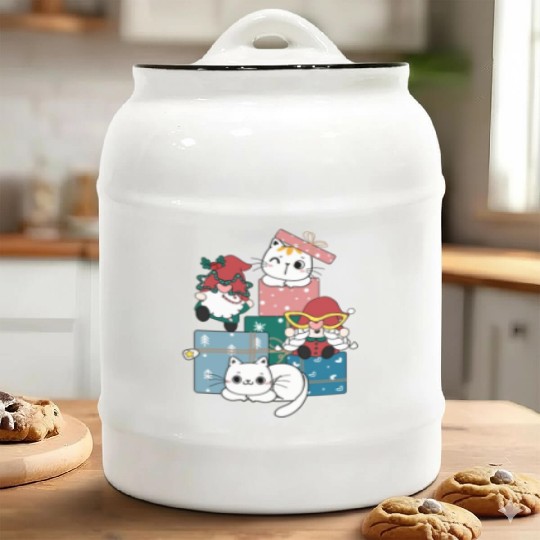cute gnome and kitty cats on present gift box Ceramic Cookie Jars