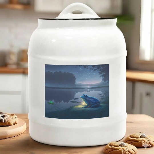 Blue Frog and Firefly on a pond at Night Ceramic Cookie Jars