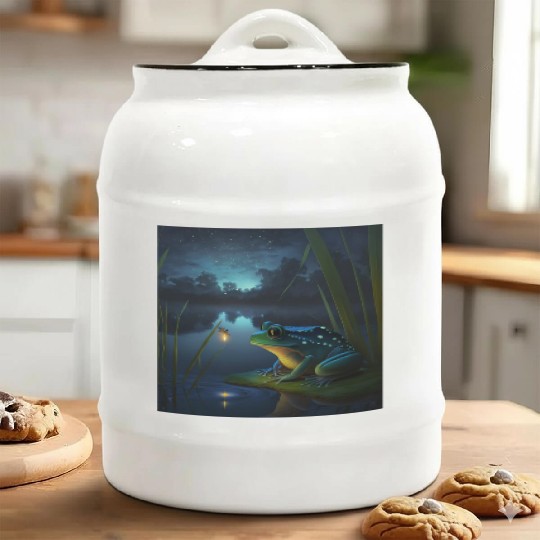 Frog and Firefly Friends on the Pond at Night Ceramic Cookie Jars