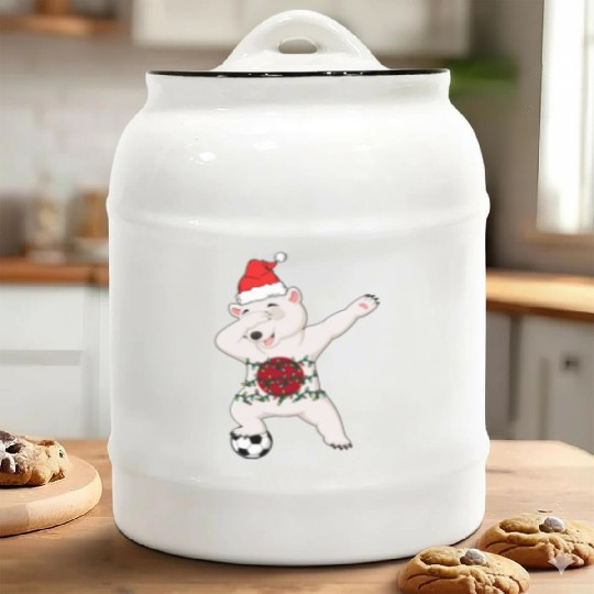 Soccer Boy Dabbing Polar Bear Christmas Hat Ceramic Cookie Jars