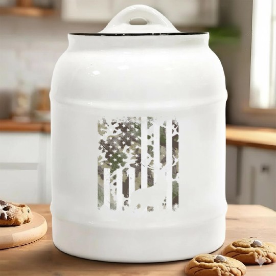 Camo US Flag Deer Elk Buck Camoflage Hunting Hunte Ceramic Cookie Jars