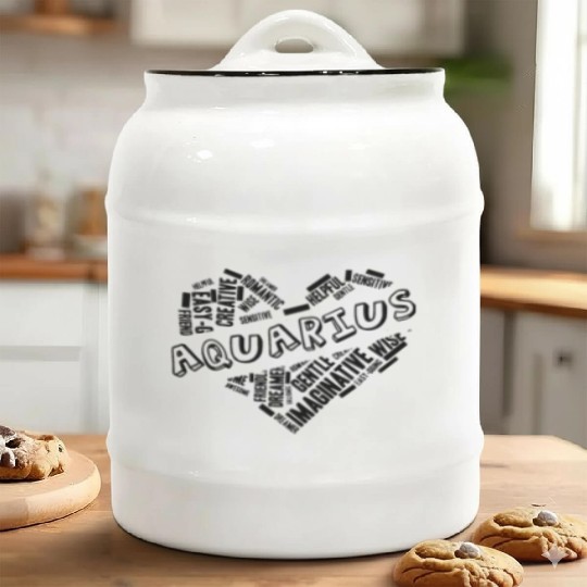 Aquarius Heart Word Cloud Doodle Astrology Zodiac Ceramic Cookie Jars