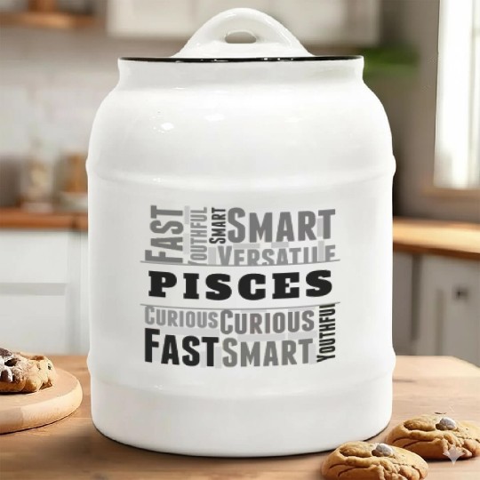 Pisces Zodiac Star Sign Word Cloud Square Monochro Ceramic Cookie Jars
