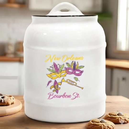 French New Orleans Mardi Gras Souvenir Bourbon Str Ceramic Cookie Jars