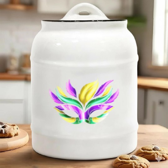 Purple, Green And Golden Mask For Mardi Gras Ceramic Cookie Jars