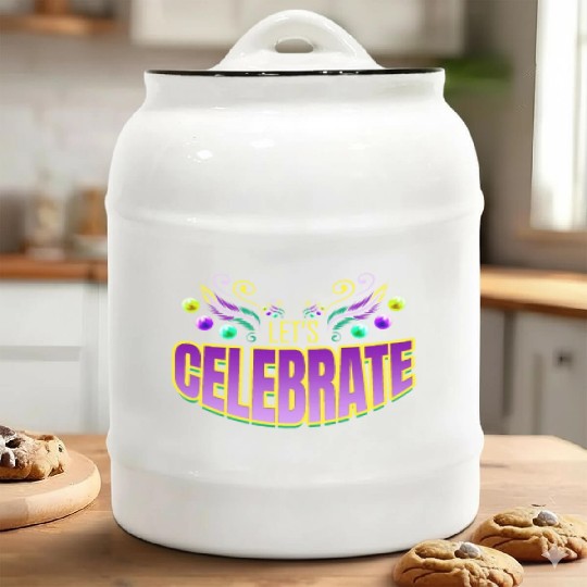Lettering Let's Celebrate For Mardi Gras Ceramic Cookie Jars