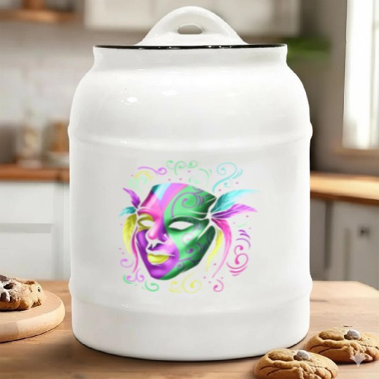 Yellow, Purple And Green Mask For Mardi Gras Ceramic Cookie Jars