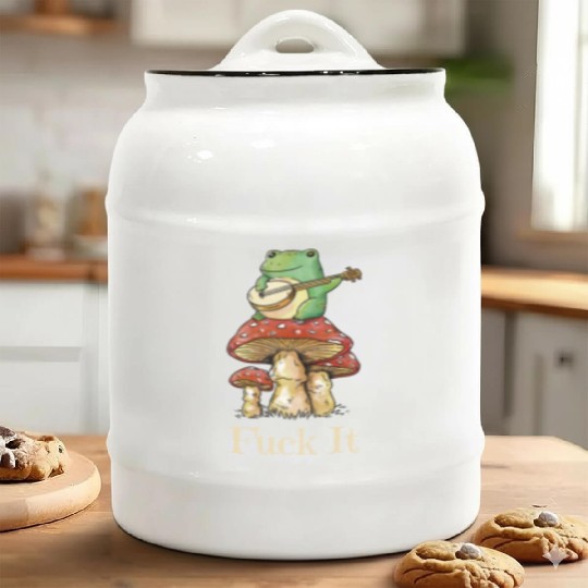 Cottagecore Frog Playing Guitar says Fuck It Ceramic Cookie Jars