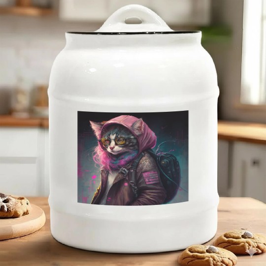 Cat in streetwear wearing a Ceramic Cookie Jars in digitalpunk