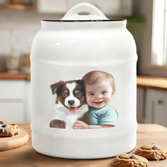 Sweet baby smiling with lovely puppy Ceramic Cookie Jars