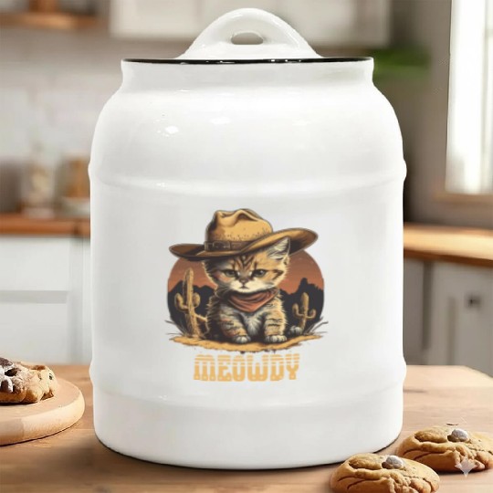 Meowdy - Funny Mashup Between Meow and Howdy - Cat Ceramic Cookie Jars