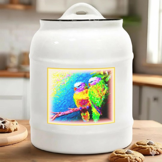 A Vibrant and Joyful Rainbow Birds. Buy Now Ceramic Cookie Jars