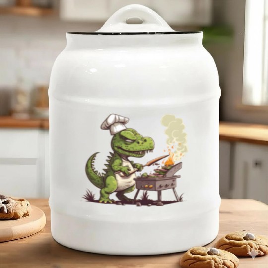 Baby Dinosaur Using A Charcoal Grill Cooking Meat Ceramic Cookie Jars
