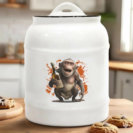 Funny Laughing Monkey With Bottle Gift Ceramic Cookie Jars