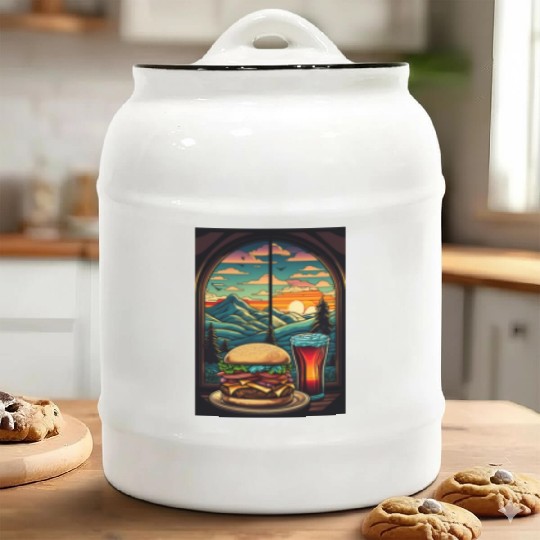 Church window with hamburger burger and drink Ceramic Cookie Jars