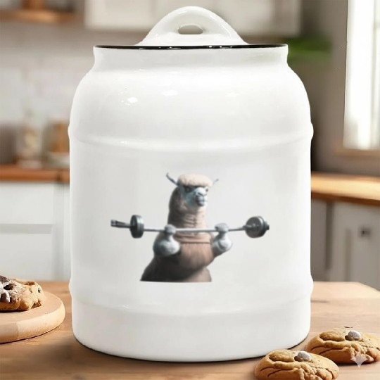 Lama in the gym - lifting weights Ceramic Cookie Jars