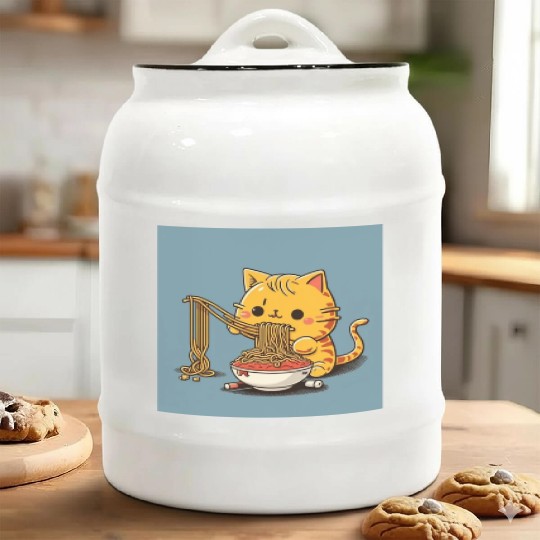 Japanese cat eating spaghetti Ceramic Cookie Jars