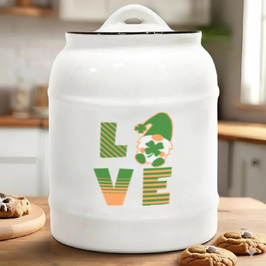 Gnome St Patricks Day Woman Love, Lucky Clover Ceramic Cookie Jars