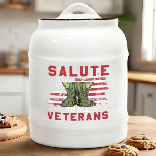 Salute To All Veterans Army Boots Patriotic US Fla Ceramic Cookie Jars
