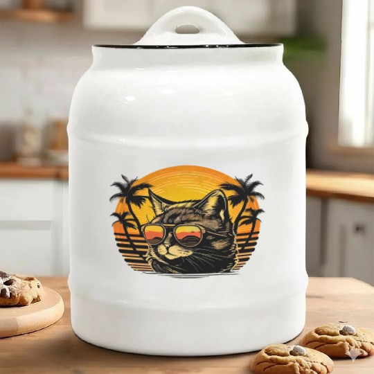 Retro Cat Vintage Sunset 80s 90s Sunglasses Party Ceramic Cookie Jars