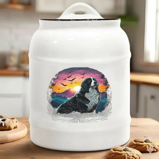 Bernese Mountain Dog with Mountain Sunrise view Ceramic Cookie Jars