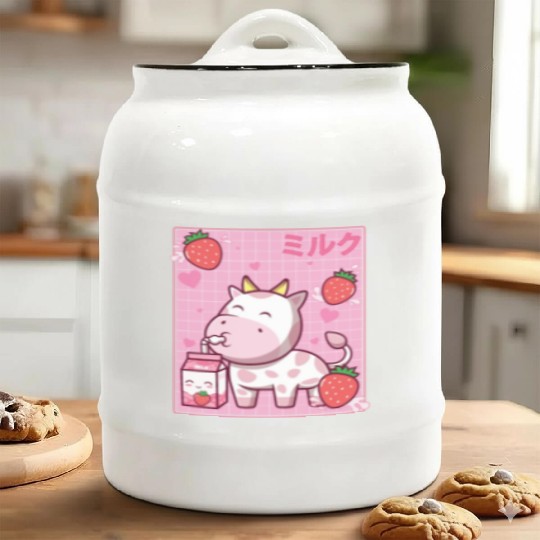 Kawaii Pink Strawberry Cow Milk Shake Otaku Anime Ceramic Cookie Jars