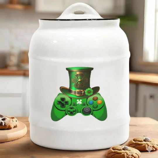 St Patricks Day Video Game Ceramic Cookie Jars | Gamer Leprechau