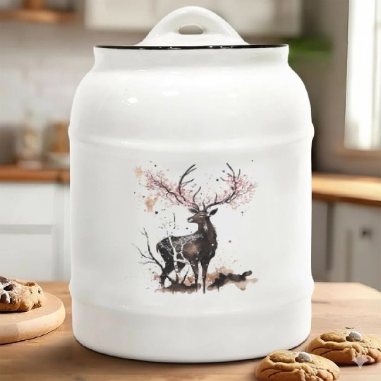 Deer Cherry blossoms Sakura tree Sumie Ceramic Cookie Jars