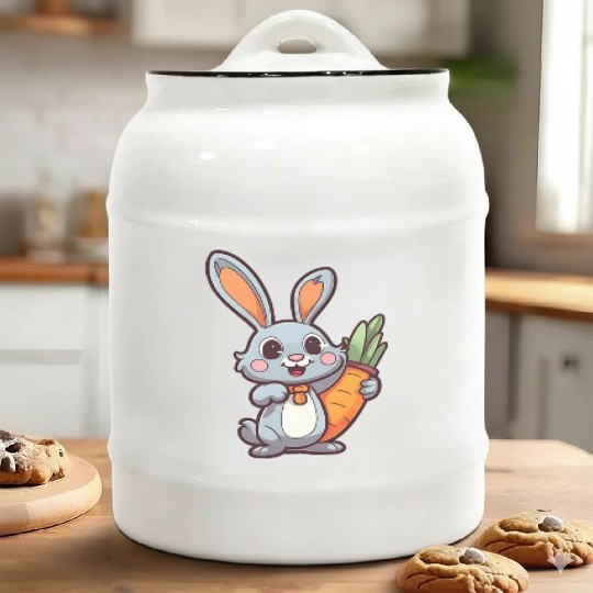 Carrot-Loving Easter Bunny: Cute 2D Design Ceramic Cookie Jars