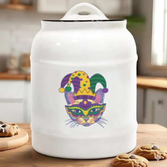 Mardi Gras Cat Cosplayer Jester Mask Costume Ceramic Cookie Jars