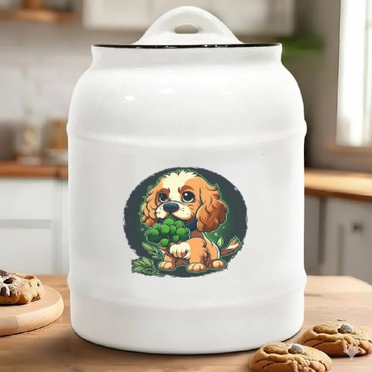 Cute dog eats green broccoli vegetables Ceramic Cookie Jars