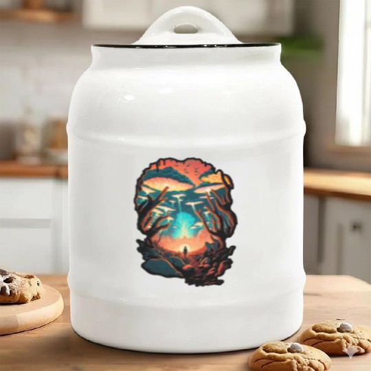 Psychedelic Forest Surreal Wanderer Mushrooms Ceramic Cookie Jars