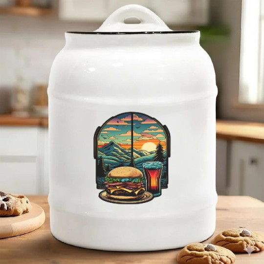 Church window with hamburger burger and drink Ceramic Cookie Jars