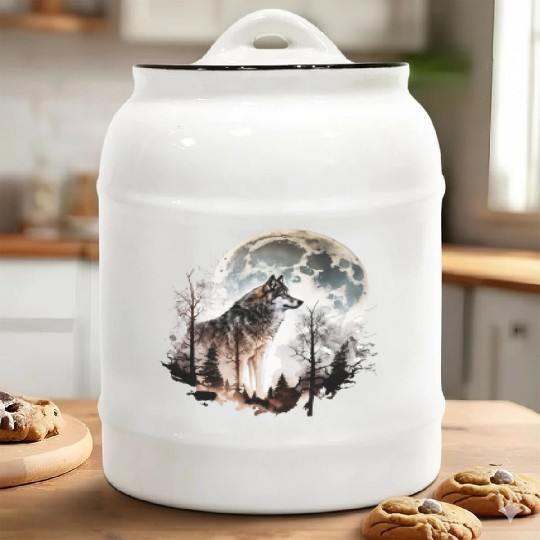Wolf Moonlight Forest Wild Werewolf Watercolor 5 Ceramic Cookie Jars