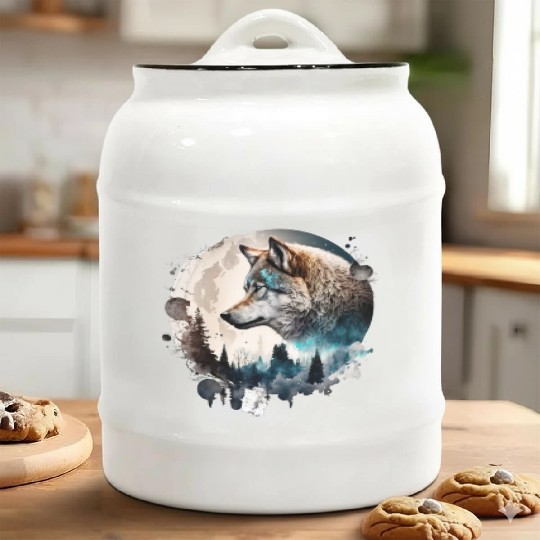 Wolf Moonlight Forest Wild Werewolf Watercolor Ceramic Cookie Jars