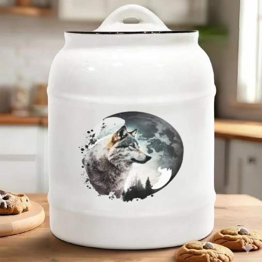 Wolf Moonlight Forest Wild Werewolf Watercolor 1 Ceramic Cookie Jars