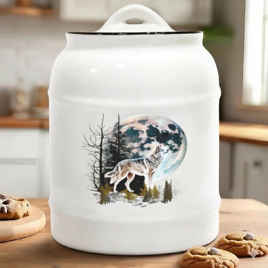 Wolf Moonlight Forest Wild Werewolf Watercolor 2 Ceramic Cookie Jars