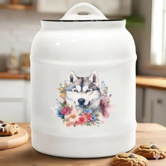 Siberian Husky Dog Watercolor Floral Ceramic Cookie Jars
