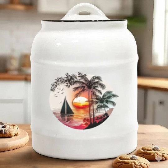 Beach Sunset Sailboat Palm Trees Ocean Vacation 4 Ceramic Cookie Jars