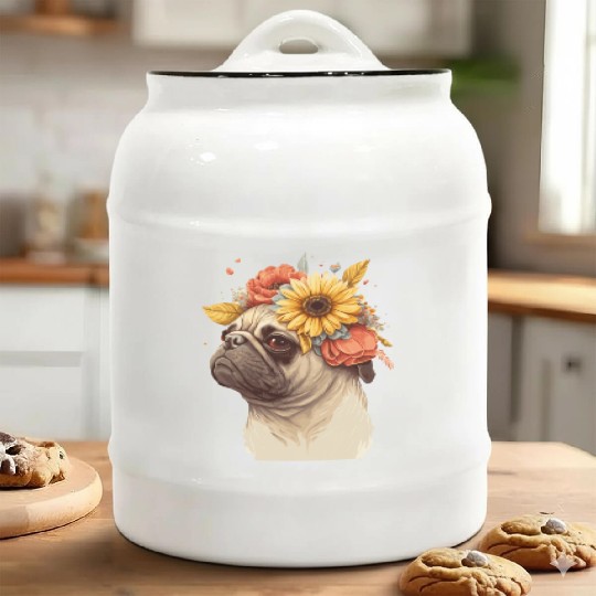 Cute Pug Flower Crown Pet Dog Breed Floral Puppy Ceramic Cookie Jars
