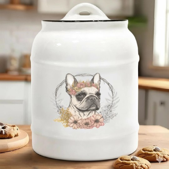 Cute French Bulldog Frenchie Flower Crown Pet Dog Ceramic Cookie Jars