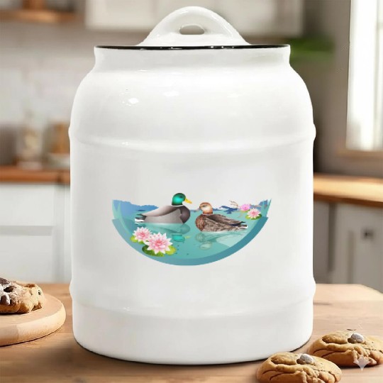 Duck couple in a duck pond with water lilies Ceramic Cookie Jars