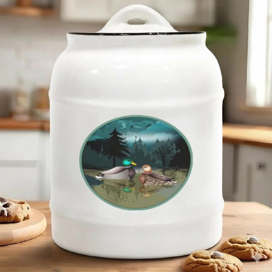 Duck couple in the duck pond at night & moonlight Ceramic Cookie Jars