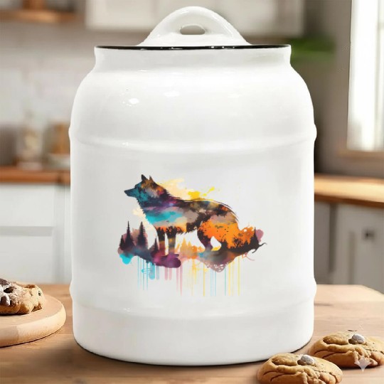 Mountain Wolf Multicolor Watercolor Portrait Ceramic Cookie Jars