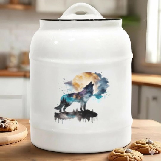 Mountain Wolf Multicolor Watercolor Portrait Ceramic Cookie Jars