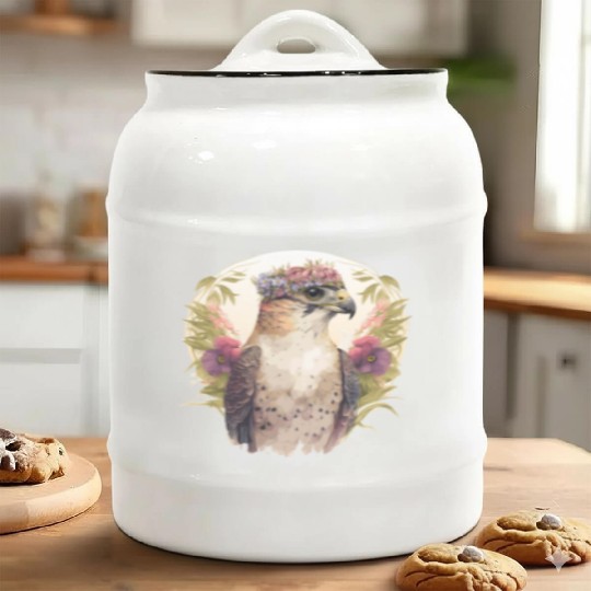 Watercolor Falcon Birds Of Prey Flower Crown Flora Ceramic Cookie Jars